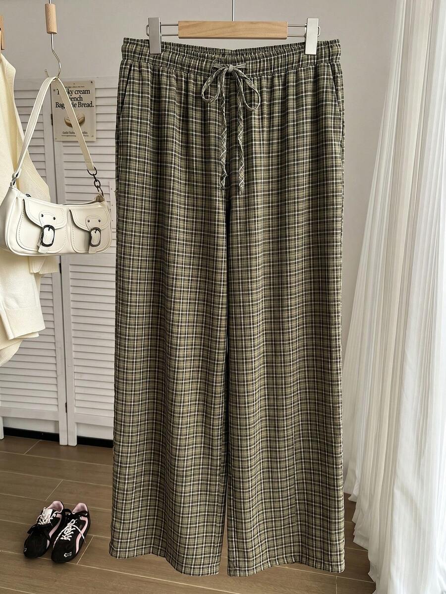 Comfortcana Summer Solid Color Pleated Loose Drawstring Waist Casual 90s Wide Leg Pants, Plus Size Plaid Countryside Style Checkered Trousers For Women, Khaki - Multicolor - View 1