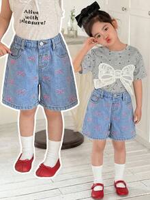SHEIN Quần short Bermuda dáng rộng bằng vải denim xanh, họa tiết nơ hồng, dành cho bé gái. - Rửa nhẹ - Xem 6