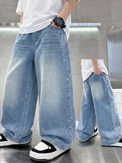 SHEIN Tween BoyLoose Fit Washed Denim Wide Leg Jeans, Casual Relaxed Style, Elastic Waist, Suitable For Vacation, Music Festival, School, Commute, Party And Other Occasions