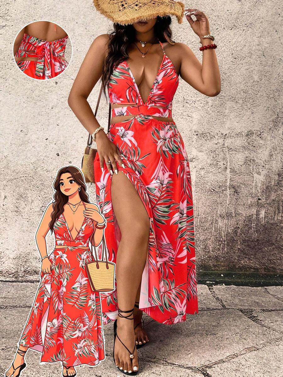 Breezaya Plus Size Women's Red Summer Tropical Print Backless Bow Tie Thigh High Slit Dress, Boho Satin Vacation Holiday Aloha Beach Party Wrap Around Outfits - Watermelon Pink - View 1