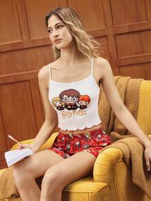 HARRY POTTER X SHEIN Women's Comfortable Cartoon Portrait Pattern Camisole And Shorts Pajama Set, Summer - Red and White - View 1