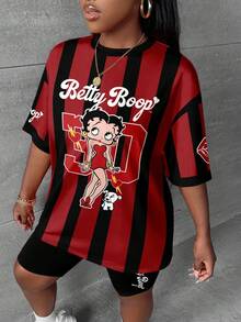 Slaydiva Betty Boop x SHEIN 大码女式基础休闲复古可爱黑红条纹印花两件套，春夏款 - 彩色 - 查看 3