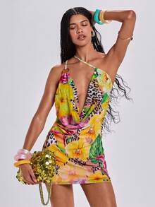 ROMWE Y2K Spring/Summer Vacation Sexy Wild Floral Print Women's Mini Spaghetti Strap Draped Neck Bodycon Dress - Pink - View 1
