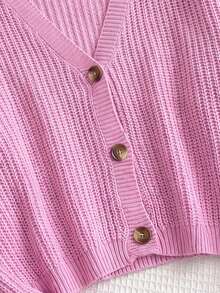 SHEIN EZwear 大码浅粉色休闲日常罗纹针织纽扣开衫 - 淺粉色 - 查看 6