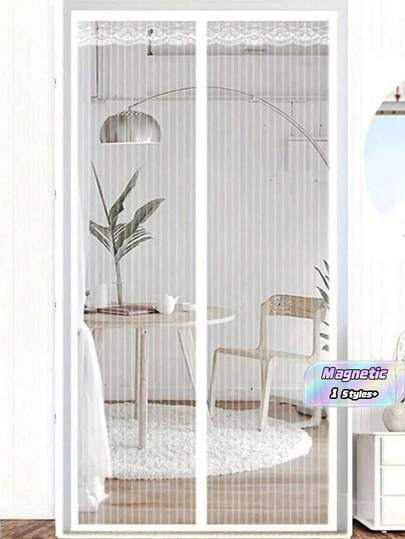 1pc White Striped Magnetic Sheer Curtain With Lace Embroidered Edges, Vertical Striped Design, Multi-Functional Insect Proof Room Divider For Living Room Bedroom Kitchen, Self-Adhesive And Washable Polyester Door Curtain