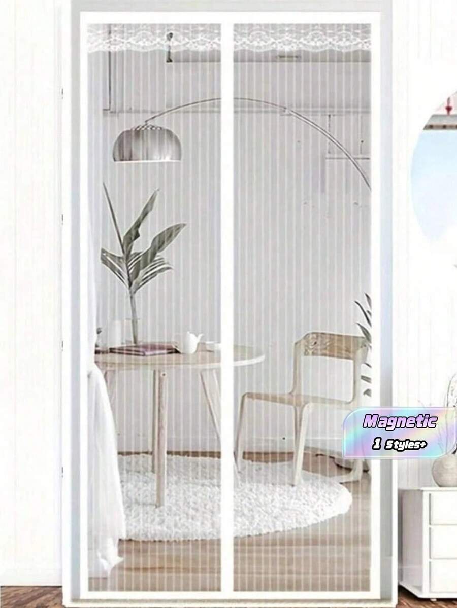 1 buah Tirai Tipis Magnetik Bergaris Putih dengan Tepi Bordir Renda, Desain Garis Vertikal, Pembatas Ruangan Anti Serangga Multifungsi untuk Ruang Tamu, Kamar Tidur, Dapur, Tirai Pintu Poliester Perekat Mandiri dan Dapat Dicuci
