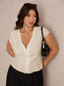 Elaquor Plus Size Women's Solid Color V-Neck Cap Sleeve Single-Breasted Casual Shirt - Apricot - View 6