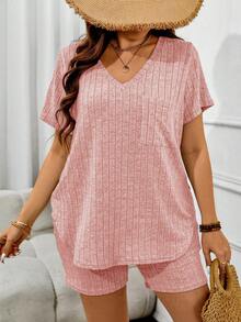 Breezaya Plus Size Summer Casual Ribbed Pocket Short Sleeve T-Shirt And Shorts 2 Pieces Set - Pink - View 3