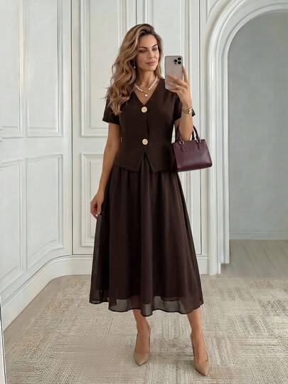 Miaspire V-Neck Short Sleeve Chiffon Patchwork Maxi Dress