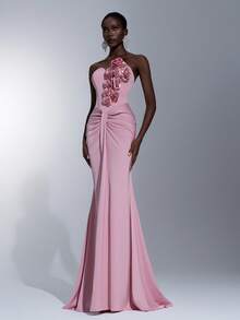 Elitara Elegant Luxurious 3D Floral Sexy Strapless Mermaid Ruched Dress For Formal - Mauve Purple - View 2
