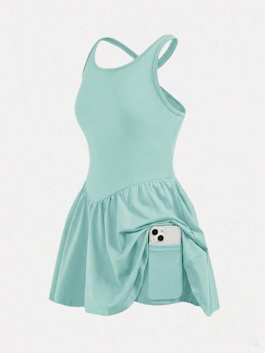 Vestido casual deportivo de unicolor con espalda de tirantes cruzados para niñas preadolescentes - verde menta - Ver 1