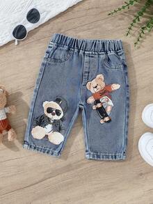 Baby Boy Street-Style Cool Skateboarding Bear Pattern Print Elastic Waist Wide And Comfortable Denim 3/4 Pants - Medium Wash - View 3