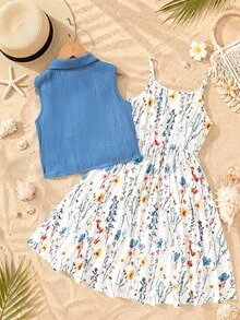 Sparklyn 2pcs Tween Girls Denim Vest + Colorful Floral Print Slip Dress 2-Piece Set, Spring/Summer - Blue - View 2