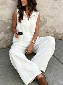 SHEIN Holidaya Europäisch-amerikanischer Mode Kragen Dekorknopf Design ärmellose locker sitzende lässig Damen Jumpsuit, Damen Frühlings- und Sommer Jumpsuit, ärmellose Bluse, Frühlings-Kleidung, Sommer-Outfit, Urlaub, Ausflug, Y2K, Frühling, Sommer, Schulanfang, lässig, Strand, Business, vielseitig, sexy, Damen Weiß Jumpsuit - Beige - Übersicht 5