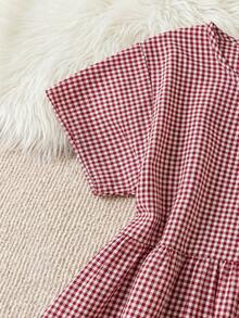 SHEIN LUNE Áo sơ mi nữ cỡ lớn cổ tròn kẻ caro nhún bèo, kiểu dáng thường ngày, đa năng. - Nhiều màu - Xem 5