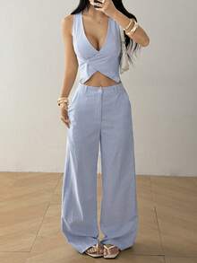 SHEIN EZwear Bộ vest và quần dài cài một nút dành cho nữ, màu trơn, thích hợp cho mùa thu/đông. - Xanh và trắng - Xem 4