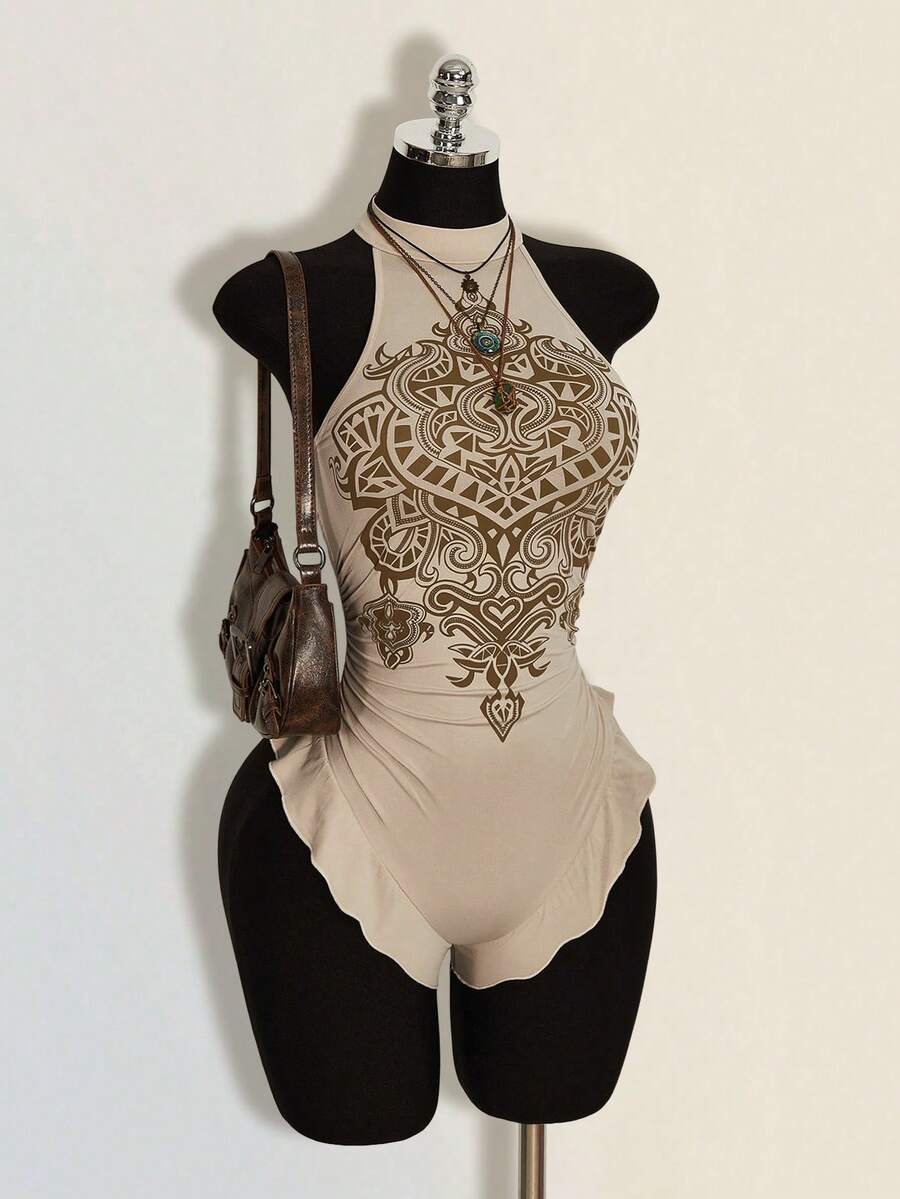 SHEIN ICON Áo liền thân nữ kiểu retro in họa tiết, hở lưng, cổ yếm, thích hợp cho mùa hè. - Màu be - Xem 1