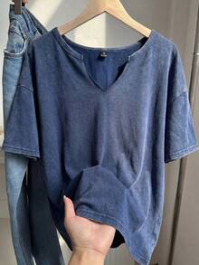 SHEIN EZwear 大码复古水洗酸洗宽松短袖V领T恤，纯棉面料，春夏款 - 藏蓝色 - 查看 1