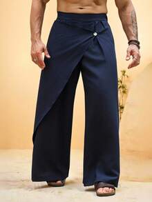 VENTUSAIL Pantalones anchos y sueltos con diseño de parches de unicolor para hombres - Azul Marino - Ver 3