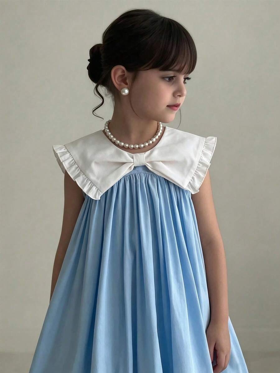 SHEIN Young Girl Sleeveless Light Blue Sundress With White Ruffled Peter Pan Collar And Bow Detail For Summer - Blue and White - View 1