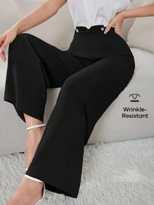 Modelyn Women's Solid Color High Waist Button Design Wide Leg Loose Pants - Black - View 7