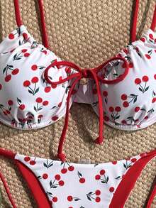 Swim Mod Spring/Summer Digital Print Underwire Cami Top And Side Tie Swim Bottoms Women Cute Bikini Set For Beach Vacation - White - View 4
