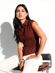 KSTM Sleeveless Knitted Polo Top With Buttoned Placket And Ribbed Waistband Detail Casual Fitted Tank - Brown - View 3