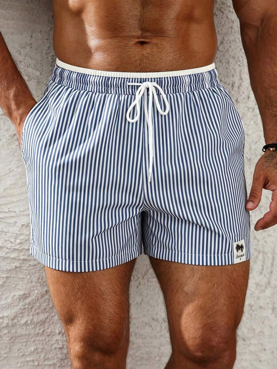 Manfinity VDAYZ Quần short nam kẻ sọc dáng casual đi biển, mùa hè - Xanh và trắng - Xem 1