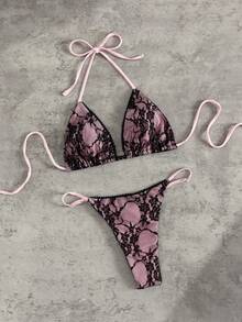 Swim SXY Bộ bikini hai mảnh gợi cảm với chất liệu ren phối màu tương phản, đính hạt cườm, kiểu cổ yếm hở lưng và quần bơi xếp ly, thích hợp cho kỳ nghỉ xuân, tựu trường, lễ hội âm nhạc, kỳ nghỉ lễ, kỳ nghỉ biển. - Nhiều màu - Xem 5