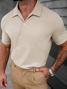Manfinity Mode Men's Solid Beige Summer Short Sleeve Shirt,Smart Casual Office Wear,Old Money Style,Relaxed Fit For Vacation,Wedding,Daily Leisure & Weekend Trips - Khaki - View 4