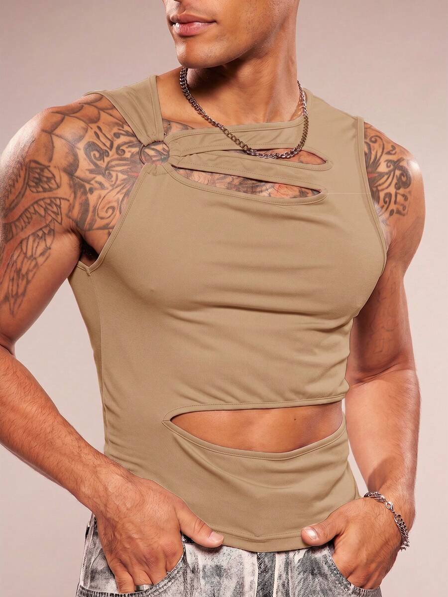 FeverCity Men's Sleeveless Crew Neck Hollow Out Casual Knit Vest, Spring/Summer - Apricot - View 1