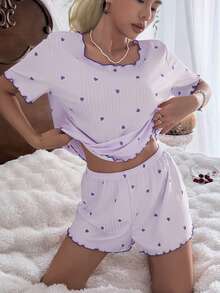 CottageSlumber Conjunto de pijama de manga corta y pantalón corto de punto acanalado de ajuste holgado con corazón morado para mujer - Morado - Ver 5