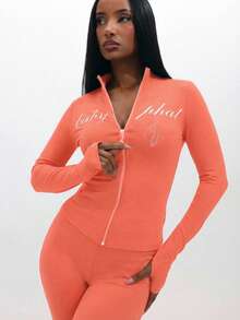 BABYPHAT Women's Zip Up Long Sleeve Coral Top With Script Print And Fitted Silhouette - Coral Pink - View 8