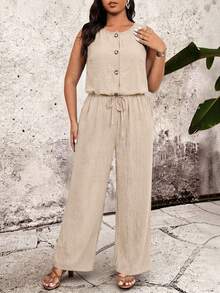Breezaya Plus Size Solid Color Round Neck Backless Lace Trim Sleeveless Elastic Waist Jumpsuit - Khaki - View 5