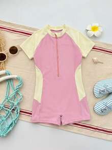 Dazy Kids 1件装女童连体泳衣，适合秋季、返校季和度假穿着 - 粉色 - 查看 1