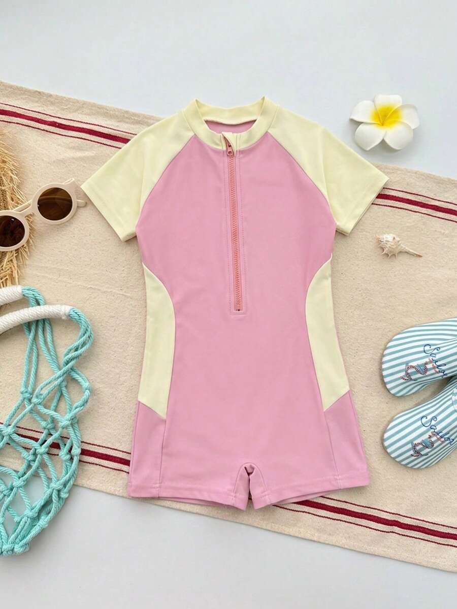 Dazy Kids 1件装女童连体泳衣，适合秋季、返校季和度假穿着 - 粉色 - 查看 1