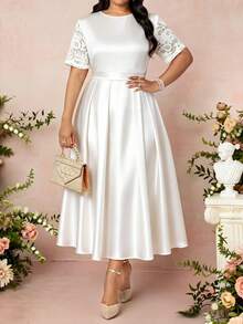 SHEIN Lady Plus Size Elegant Party Solid Color Lace Patchwork Dress - White - View 3