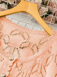Linhara Plus Size Women Solid Color Knitted Round Neck Hollow Out Single-Breasted Short Sleeve Cropped Casual Lightweight Cardigan, Spring/Summer - Coral Orange - View 4