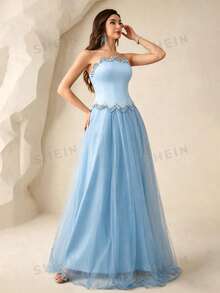 Coutiva Women's Rhinestone Embellished Mesh Patchwork Maxi Formal Gown (Heavily Embellished) - Baby Blue - View 5
