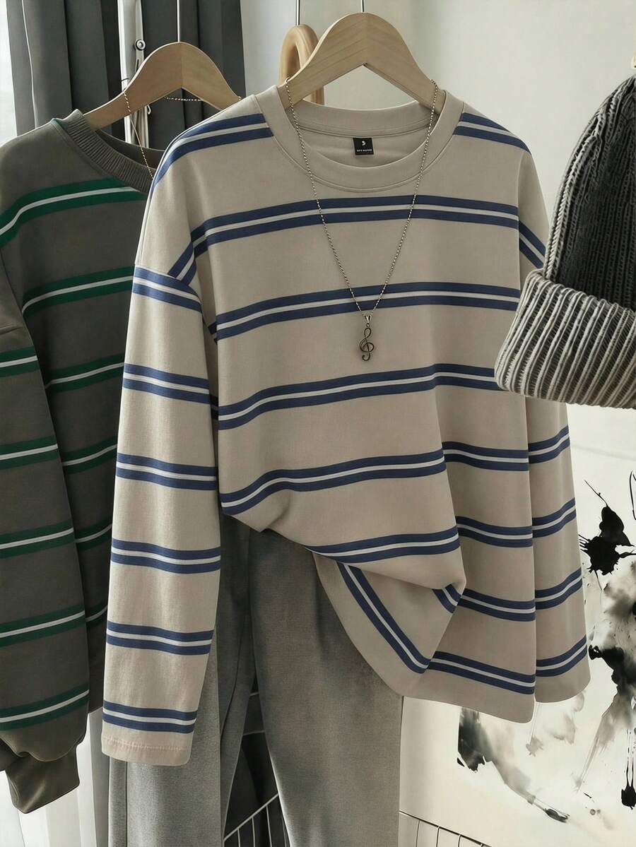 SHEIN EZwear 时尚百搭彩色条纹圆领T恤,适合外套、摄影、露营、秋季、冬季、返校季、女士常规圆领夏季上衣、日常通勤、约会、聚会、秋冬夏季、圣诞节、新年、感恩节、派对、婚礼、海滩、毕业典礼、时尚、优雅、休闲、外出、约会、预订、通勤、闪亮、情人节、优雅、度假、休闲、Y2K、外出、毕业典礼和其他场合。 - 彩色 - 查看 1