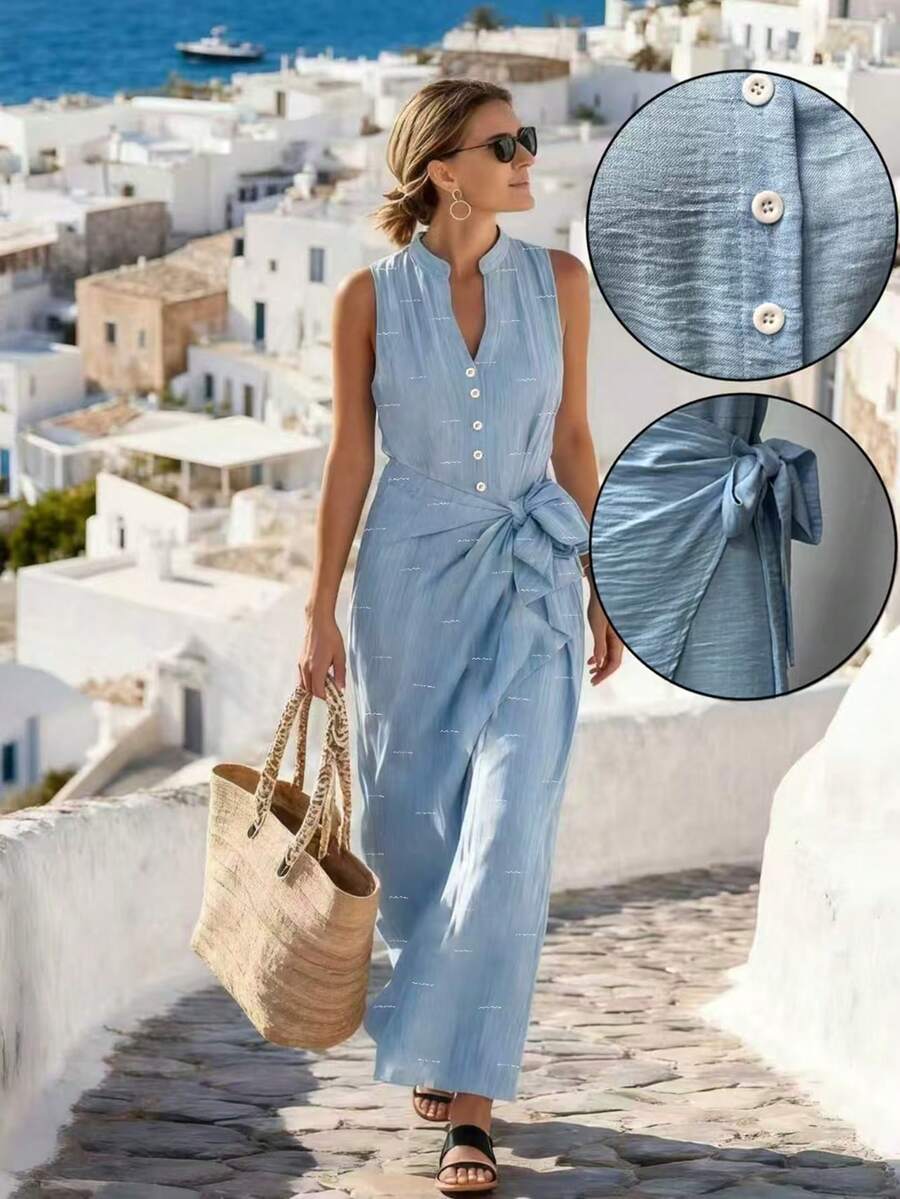 SHEIN Holidaya 天蓝色仿亚麻裹身系带长裙（女款） - 藍色 - 查看 1