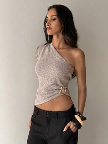 Aloruh Blusa casual de punto con decoración metálica en el hombro, elegante para el uso diario y el trayecto al trabajo, para el verano - Caqui - Ver 3