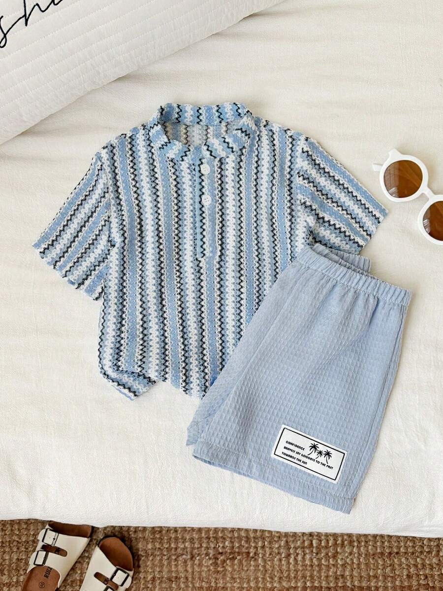 SHEIN Bộ 2 món áo polo kẻ sọc và quần short cho bé trai mùa xuân/hè, trang phục mùa hè cho bé trai. - Màu xanh lam - Xem 1