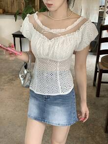 DAZY Women's Mesh Patchwork Hollow Out Embroidered Blouse - White - View 5