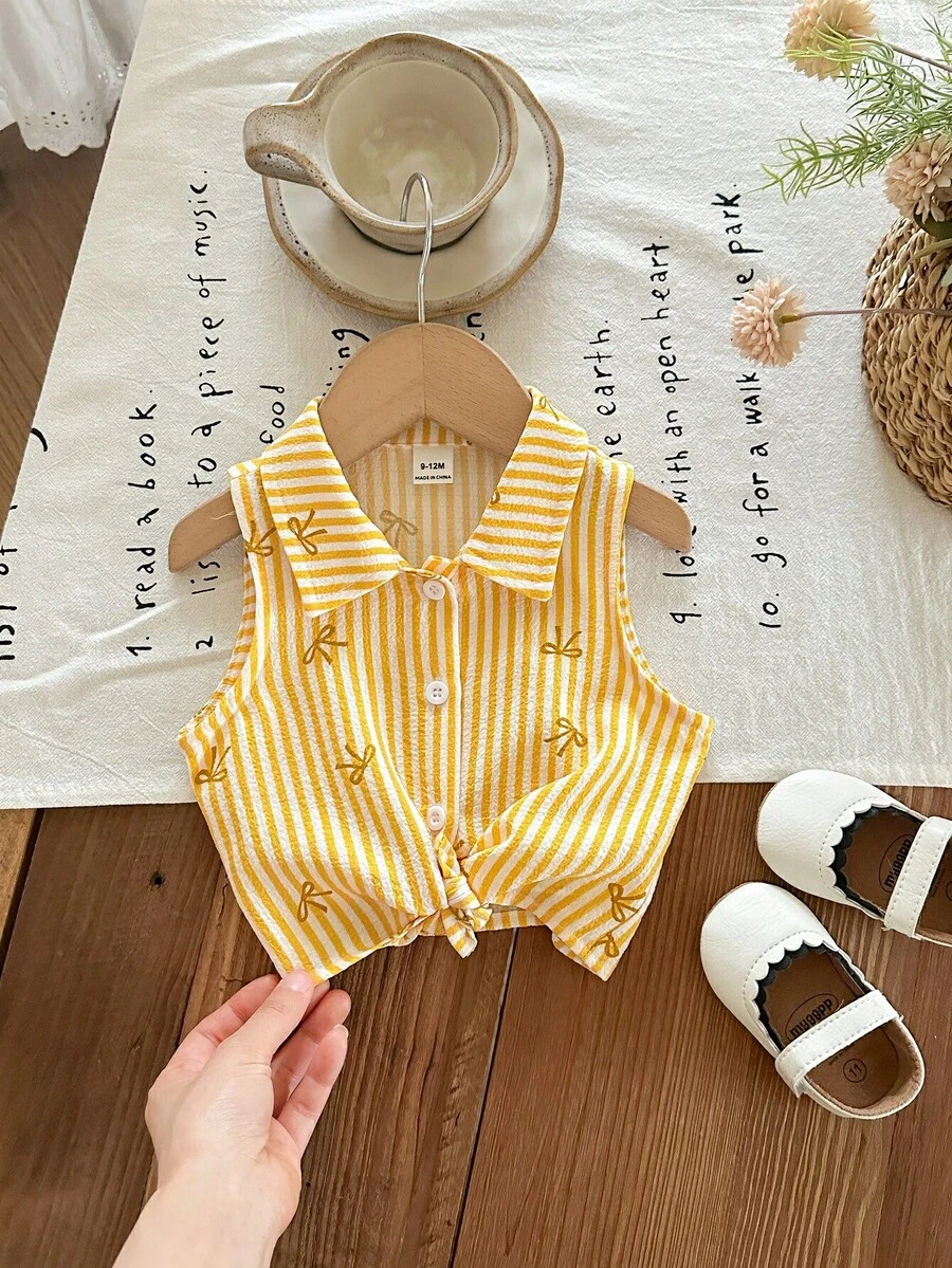 SHEIN LMoss Kids 女婴夏季碎花印花休闲梭织衬衫 - 芥末黃 - 查看 1