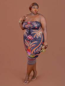 CurvyTilda Vestido tomara que caia preto com estampa floral tropical para mulheres plus size, com cordão ajustável na altura do joelho. Vestido midi de malha elástica, ideal para cruzeiros, jantares, festas de Natal e Ano Novo. Perfeito para a praia. Vestido elegante e estiloso com estampa floral preta, ideal para o corpo ampulheta. - Preto - Ver 7