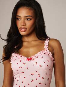 MISSGUIDED Cherry Print Ruffle Trim Sweetheart Neckline Bodysuit With Adjustable Straps Valentine Summer Lingerie - Pink - View 4