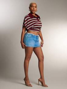 Denimoi Cinched Waist Collared Striped Polo Top Fashionable Tops Collared Top Daily Casual - Multicolor - View 4