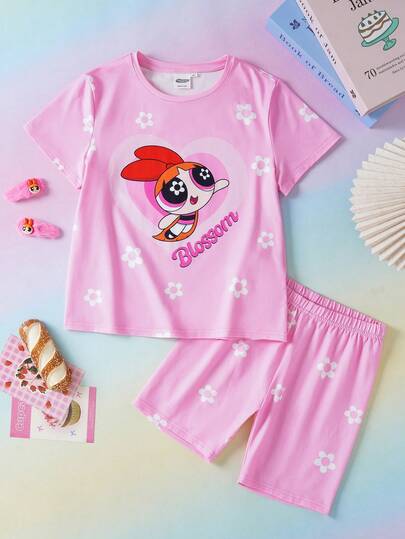 THE POWERPUFF GIRLS X SHEIN 2件套少女休闲圆领短袖T恤和短裤舒适两件套，联名睡衣