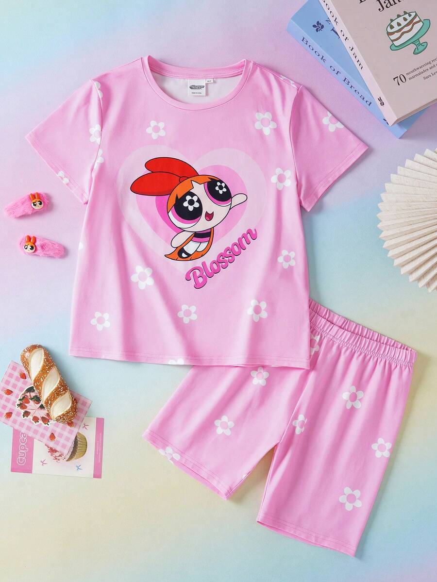 THE POWERPUFF GIRLS X SHEIN 2件套少女休闲圆领短袖T恤和短裤舒适两件套，联名睡衣 - 粉色 - 查看 1